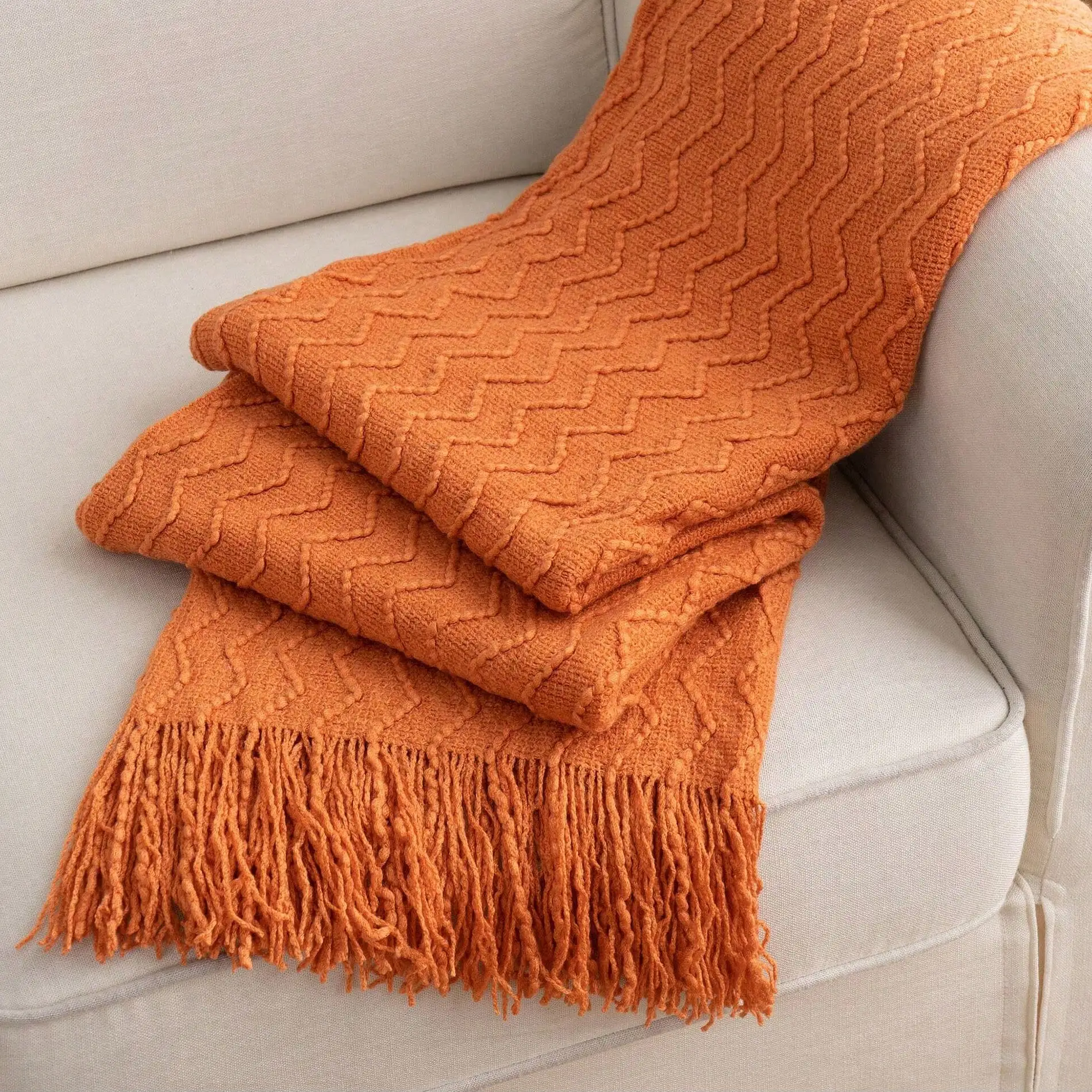 Orange Throw Blanket For Couch, Decorative Fall Throw Blanket With Tassels, Halloween Knitted Blankets And Throws, Fall Decor, 50"X60"，sf2406157728203301 - view 5