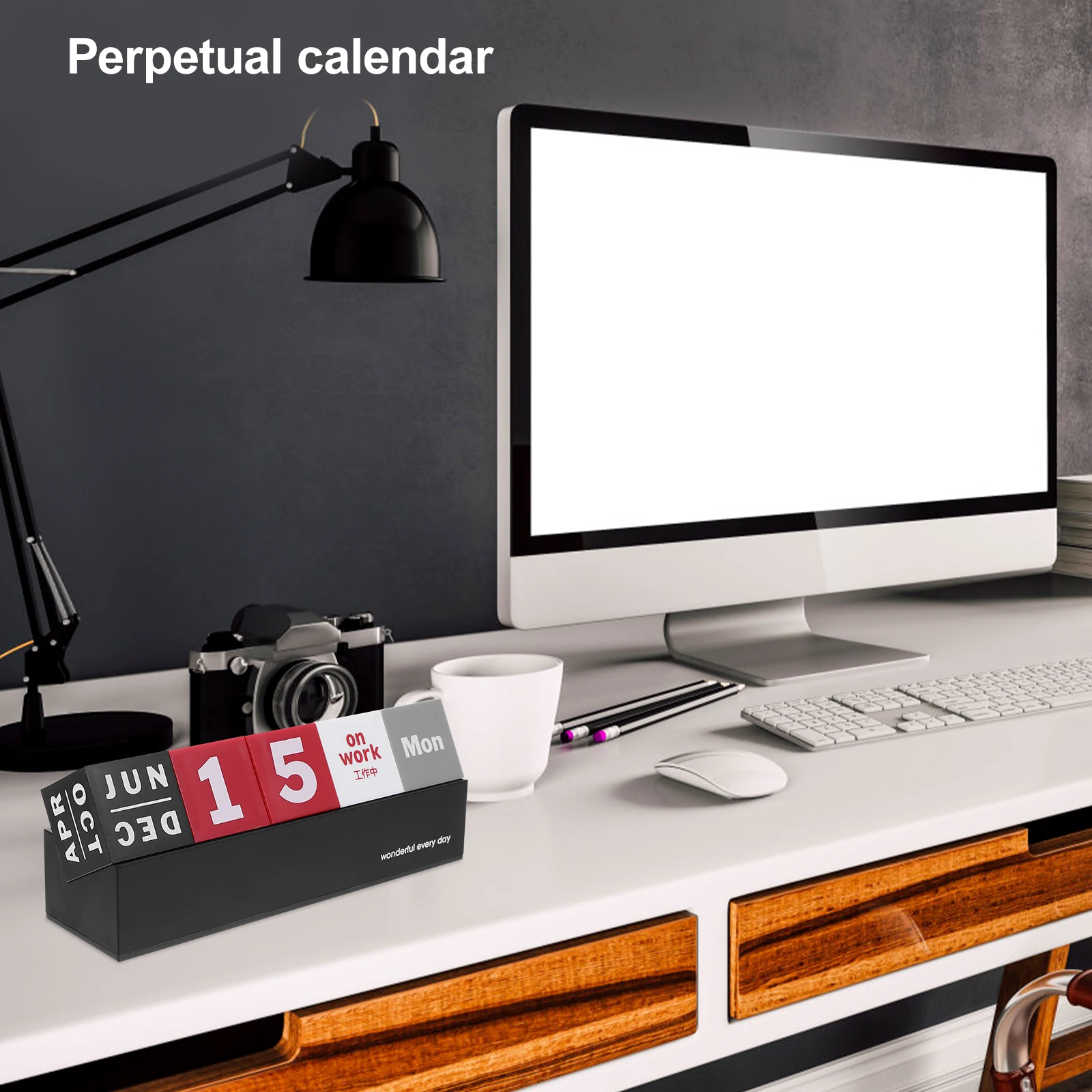 

Perpetual Desk Calendar Wooden Cube Blocks Red Black Date Display Small Office Decor Long Lasting Reusable