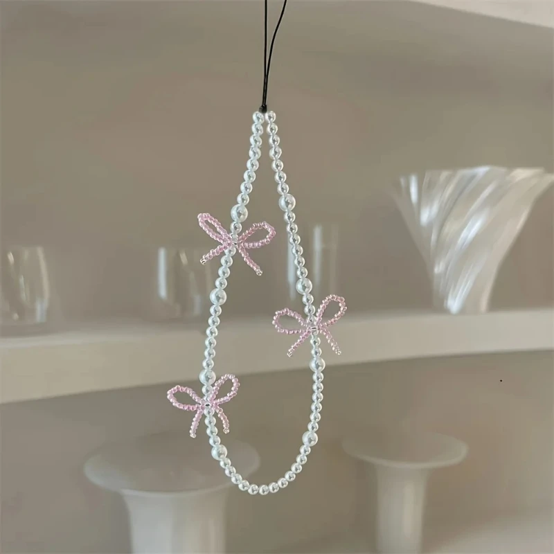 Korea Pink Bowknot Pearl Pendant Beaded Phone Charm for IPhone Accessrioes Lanyard Woman Girl Jewelry Hanging Rope Strap