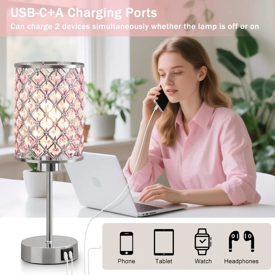 โคมไฟตั้งโต๊ะคริสตัลสีชมพู ควบคุมด้วยระบบสัมผัส พร้อมพอร์ตชาร์จ USB-C+A ปรับความสว่างได้ โคมไฟข้างเตียง โคมไฟตั้งโต๊ะขนาดเล็ก ชุด 2 ชิ้น