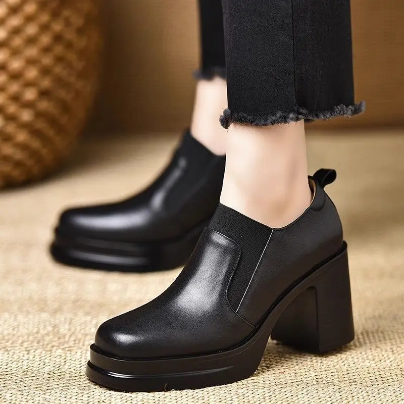 2026 Autumn New Women's Shoes Casual Square Head Thick Heel Leather Shoes High Heels Waterproof Platform Mary Jane Single Shoes