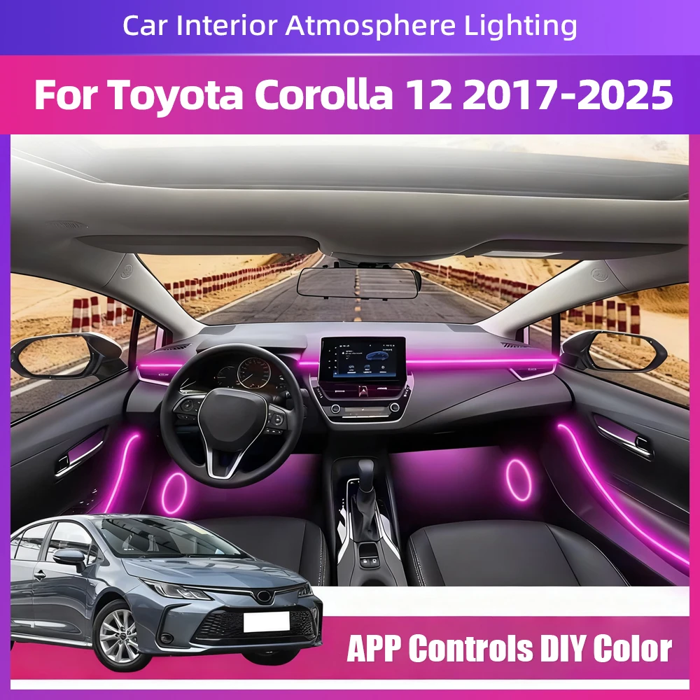 

Для Toyota Corolla 12 2017-2025 светодиодные атмосферные фонари, внутренняя динамическая световая лента с регулируемыми режимами, 64 цвета, управление через приложение