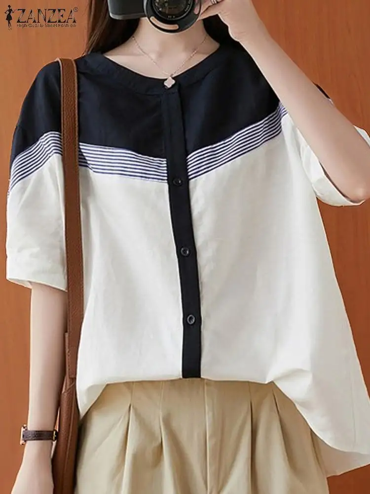 Summer Striped Tops ZANZEA Women Elegant Short Sleeve Patchwork Blouse Stylish OL Work Shirt Casual Loose Holdiay Blusas Tunic