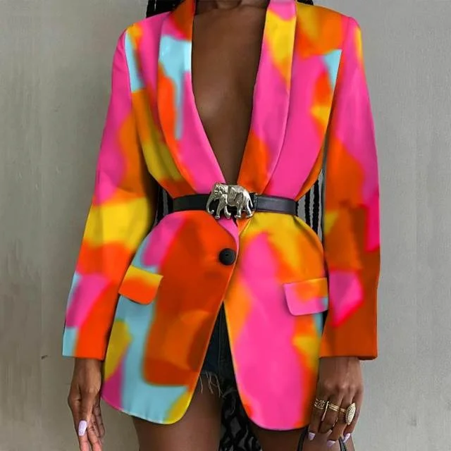 

Ele Women's Retro Printed One-Button Slim Fit Long Sve Suit Jaet Autumn Faion Ladies' ort Outerwear