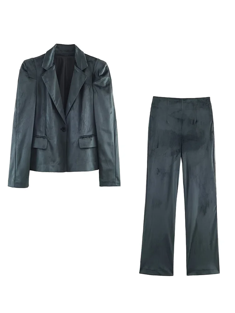 

HH Women Elegant Suit Velvet Lapel Single Button Long-Sleeved Suit Jacket+Mid-Waist Casual Zipper Winter Bell-bottoms Pants