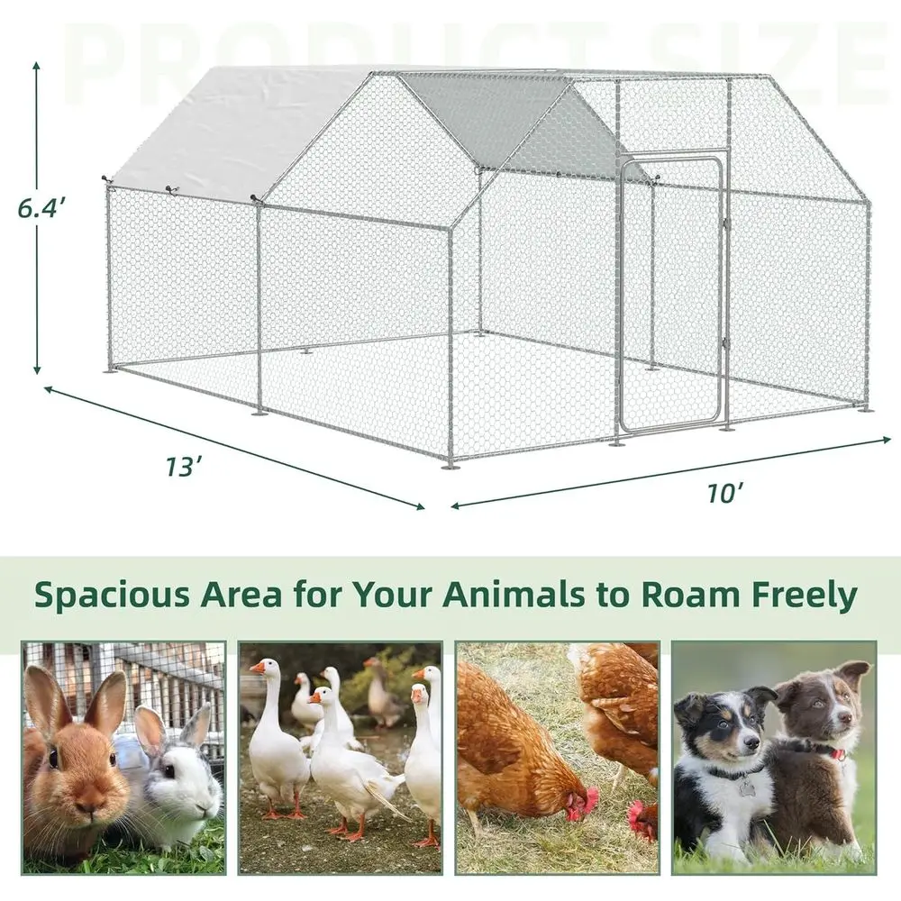 広々とした13x10x6.4フィートの屋外鶏小屋（カバー付き）、8～12羽の鶏用ウォークインペン、フラットルーフデザイン