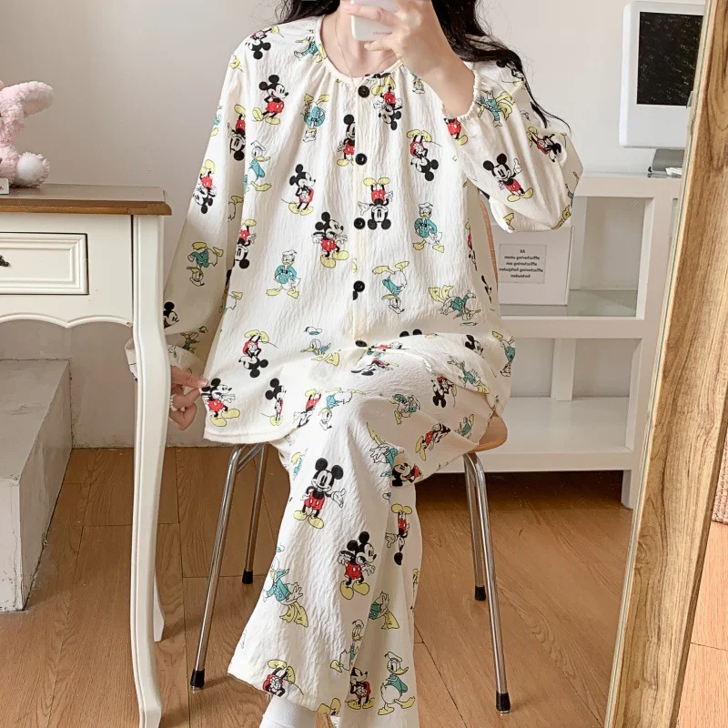 Disney Mickey autumn new pajamas women\'s cloud cotton crew neck cardigan Mickey cartoon sweet and comfortable girl loungewear