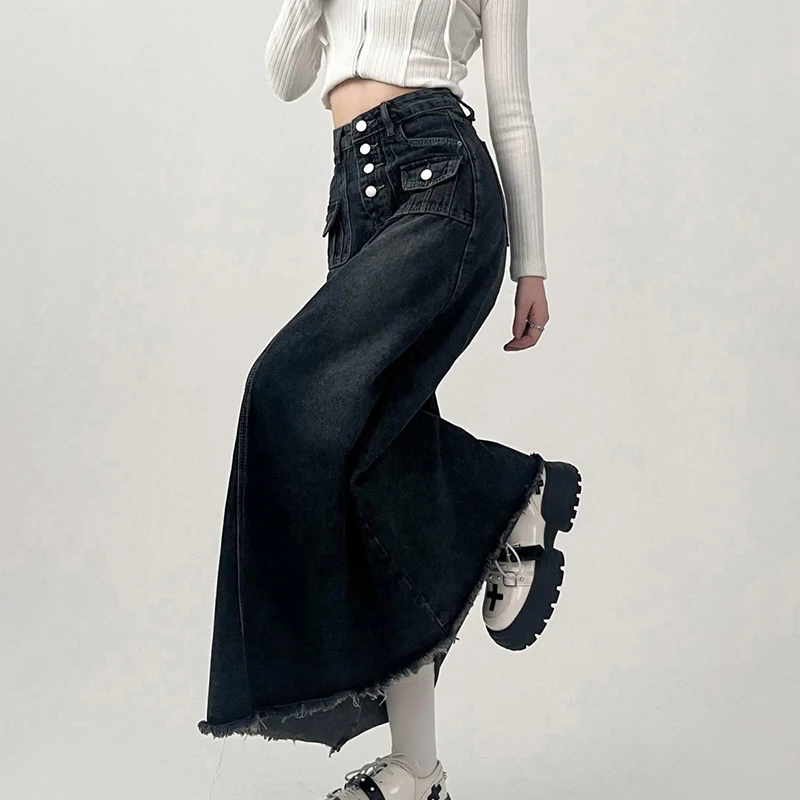 Vintage Denim Long Skirt for Women 2023 Spring Summer High Waist Button Raw Edge A-Line Skirt Female Harajuku Street Jean Skirts