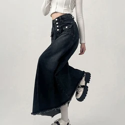 Vintage Denim Long Skirt for Women 2023 Spring Summer High Waist Button Raw Edge A-Line Skirt Female Harajuku Street Jean Skirts