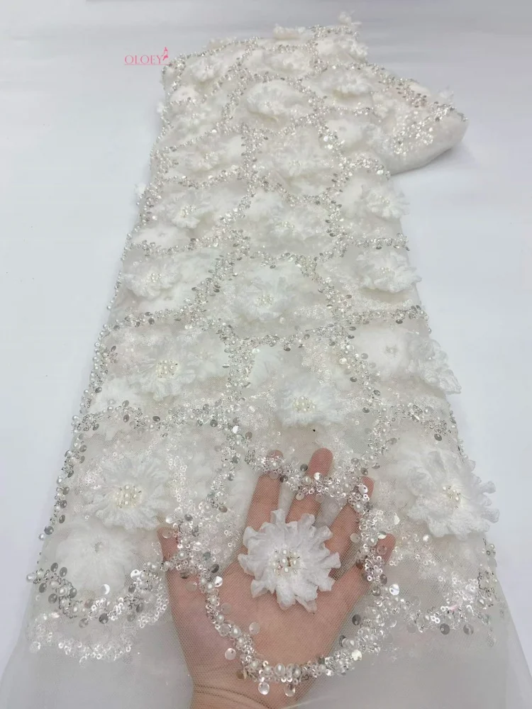 

OLOEY 3D Lace African Sequins Beads Lace Fabric 2026 White High Quality French Mesh Tulle Embroidery Wedding Bridal Lace Materia