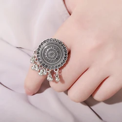 Ethnic Antique Silver Color Bells Tassel Rings for Women Girls Alloy Round Carved Flower Rings Bohemian Jewelry Anillos