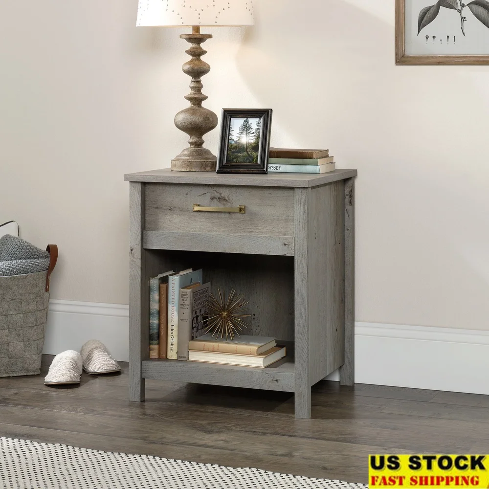 

Stylish Bedroom Nightstand with Storage Drawer Open Shelf Mystic Oak Finish Vintage End Table Home Décor