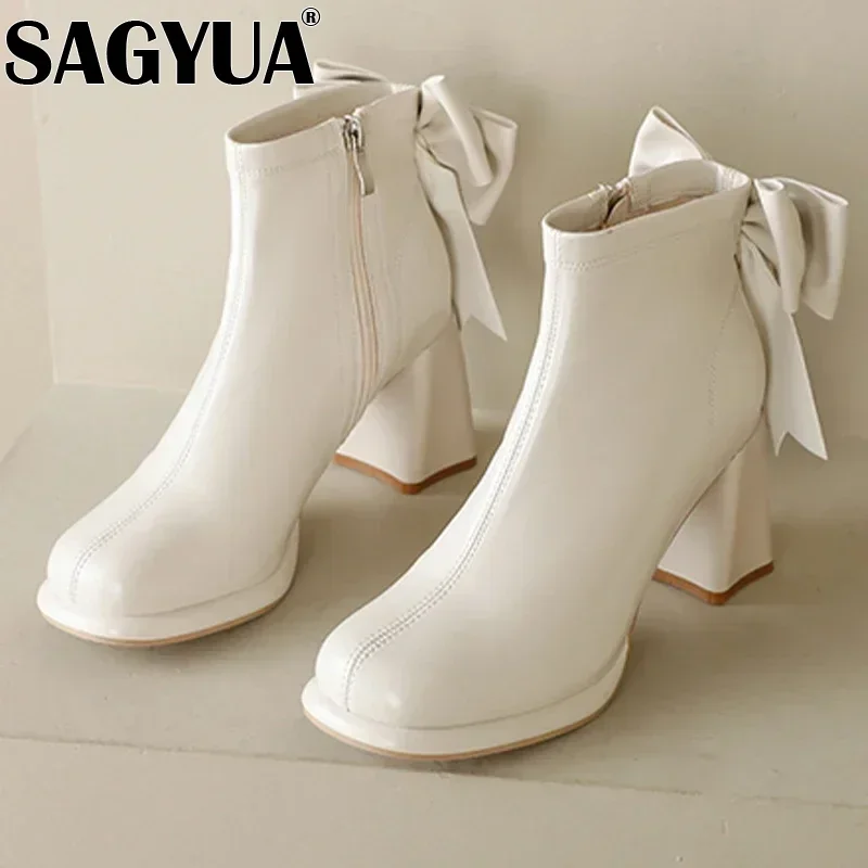 

Luxury Platform Ankle Boots Women Fur Snow Boots Bow Designer 2024 New Plush Warm Shoes Dress High Heels New Leather Botas Mujer