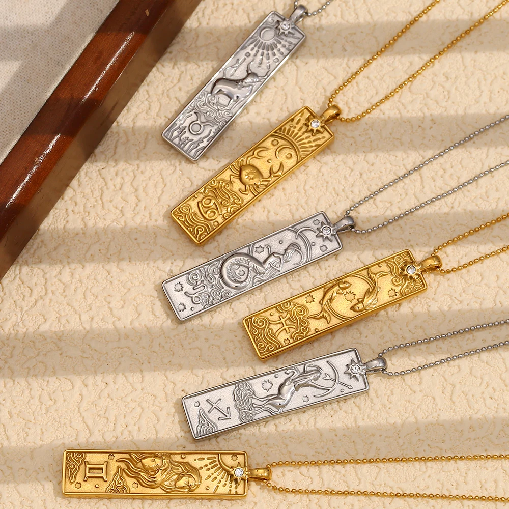 E.B.belle 18 Karat vergoldete rechteckige Form 12 Sternbild-Anhänger-Halskette aus Edelstahl, wasserdicht, modischer Damenschmuck – Detail 4