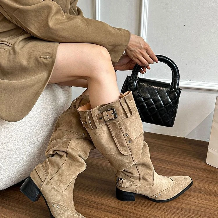 New Wrapped Single Boots for Women Spring Summer Pointed Toe Studded Metal Buckle Side Zipper No Knee Block Heel Boots