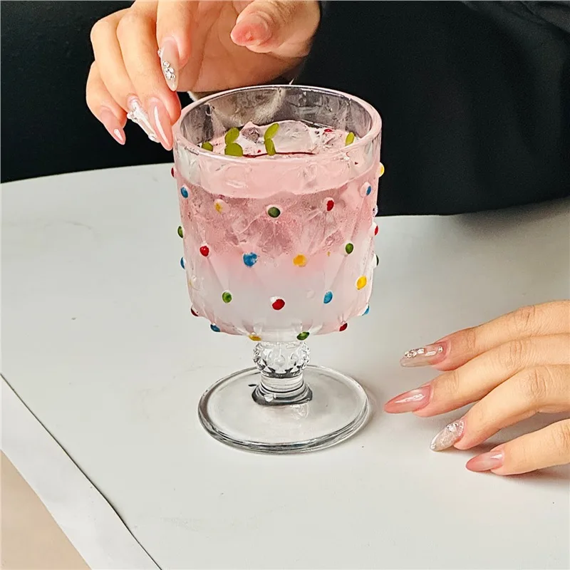 European Retro High Footed Glass Cup, Painted Polka Dot Whiskey Glass, High-end Brandy Champagne Wine Glasses Bar Accessories