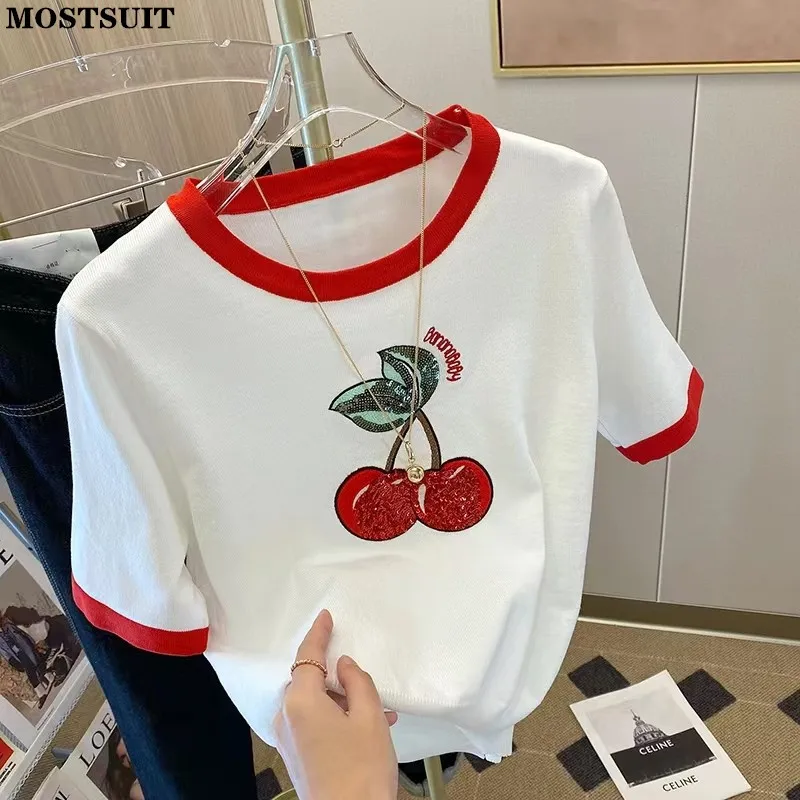 Summer Cherry Sequins Knit Sweater Tshirt Women 2024 Fashion Casual Embroidery Sweet Top Pullover Short Sleeve Loose Ladies Tops