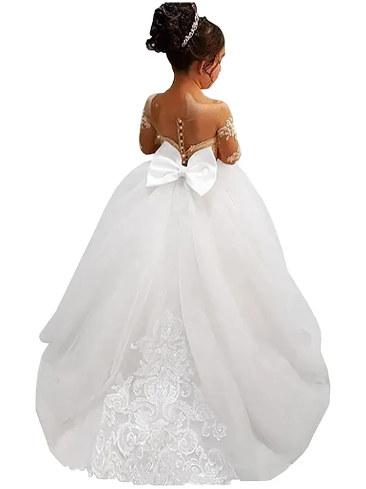 Flower Girl Dress with Lace Embroidery and Tulle Long Sleeves Children's Trailing Train Gown