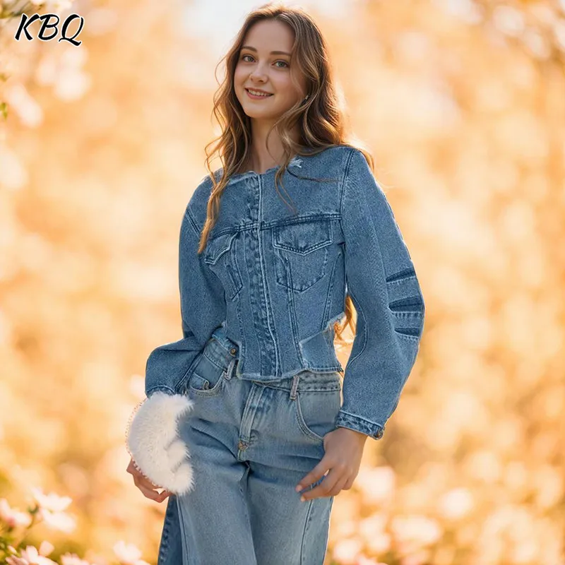 

KBQ Slimming Streetwear Denim Coats For Women Round Neck Long Sleeve Patchwork Single Breasted Casual Jackets Female Fashion New