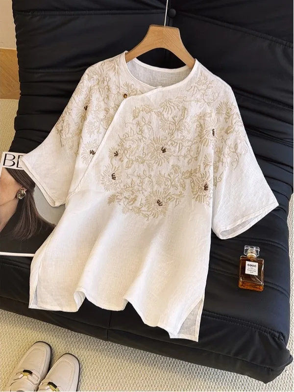 Nieuwe Chinese Sle Zware Borduren Vlas irt Grote Maat vrouwen Schuine Revers ronde Ne ort Sve Losse Veelzijdige Top Su...