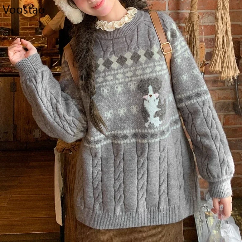 Autumn Winter Japanese Kawaii Lolita Style Knitted Pullovers Women Cute Puppy Jacquard Sweater Tops Harajuku Loose Knitwear Coat