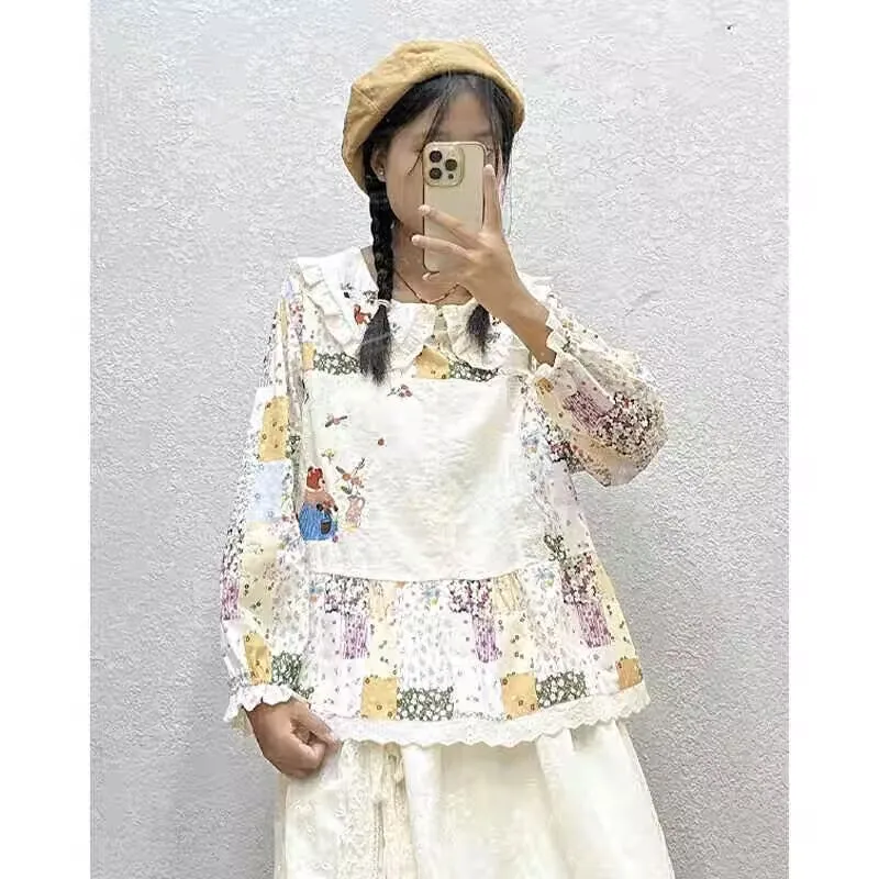 Vintage Mori Girl Embroidery Kawaii Shirts For Women Japanese Style Peter Pan Collar Patchwork blouses Sweet Casual Lolita Shirt