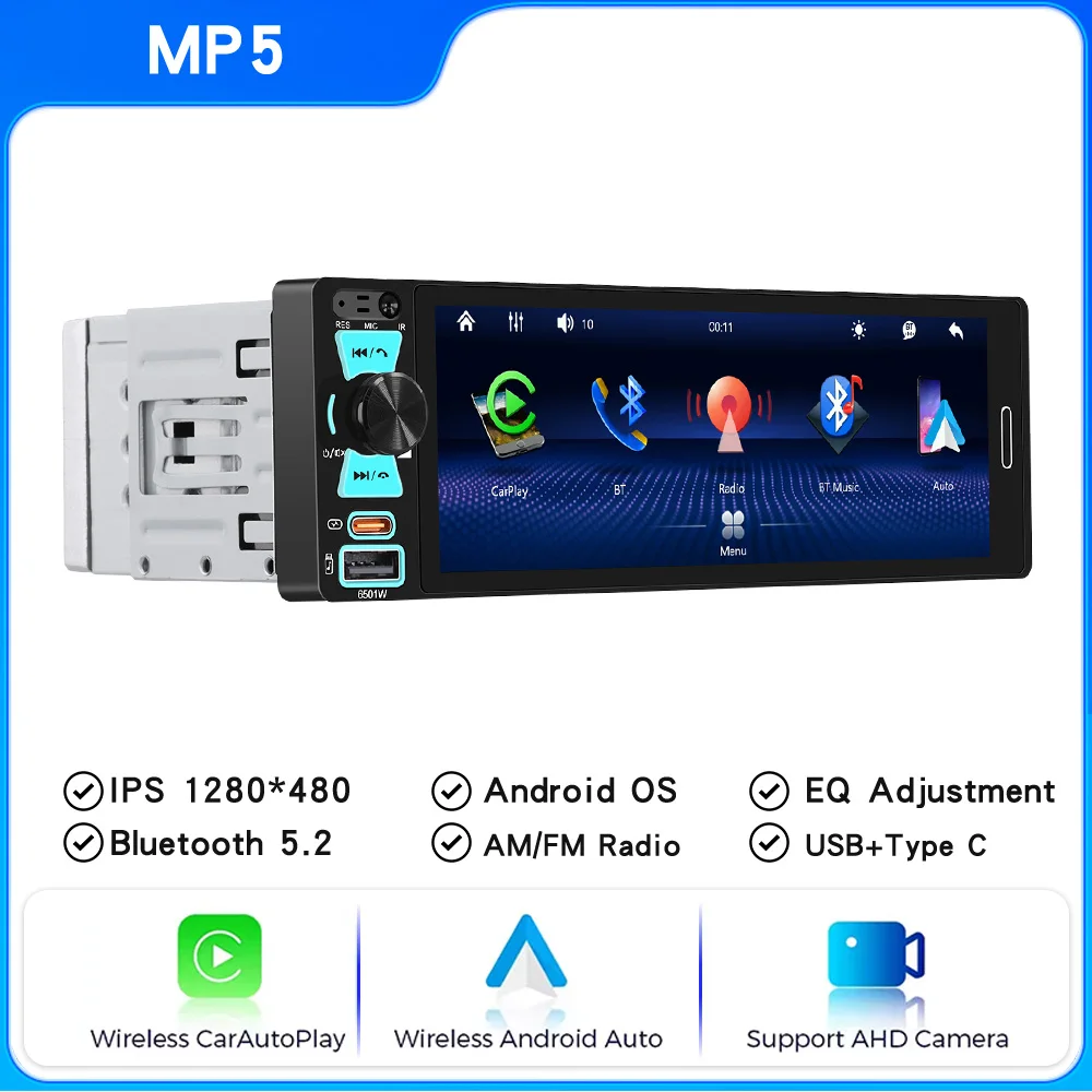 1din Universal Car Radio Android Auto CarPlay Wireless Touch Screen FM/AM Car Stereo Mp5 Multimedia Player TF Port Camera image 3