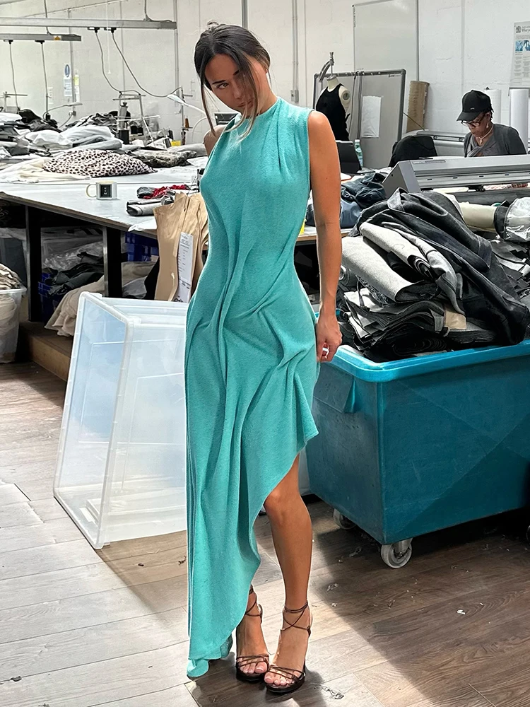 Sisterlinda Trend Mode Sexy Langes Kleid Damen Rückenfrei O-Ausschnitt Ärmellos Unregelmäßiger Saum Urlaub Gerafftes Elegantes Kleid – Detail 22