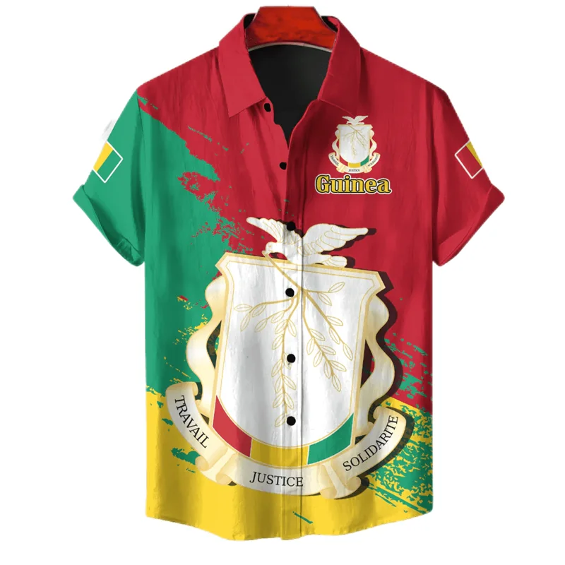 Africa Guinea Map Flag 3D Print Shirts For Men Clothes National Emblem Beach Shirts Patriotic Coat Of Arms Blouses Male Tops