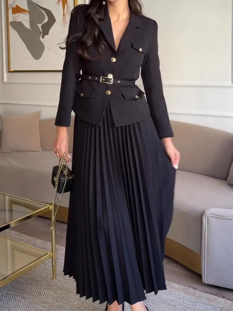 Spring Suit Coat Full Sleeve Blazer Maxi Pleated Skirt Belt Black Solid Color Two-piece Set Long Dresses Women's Two Piece Dress view 3