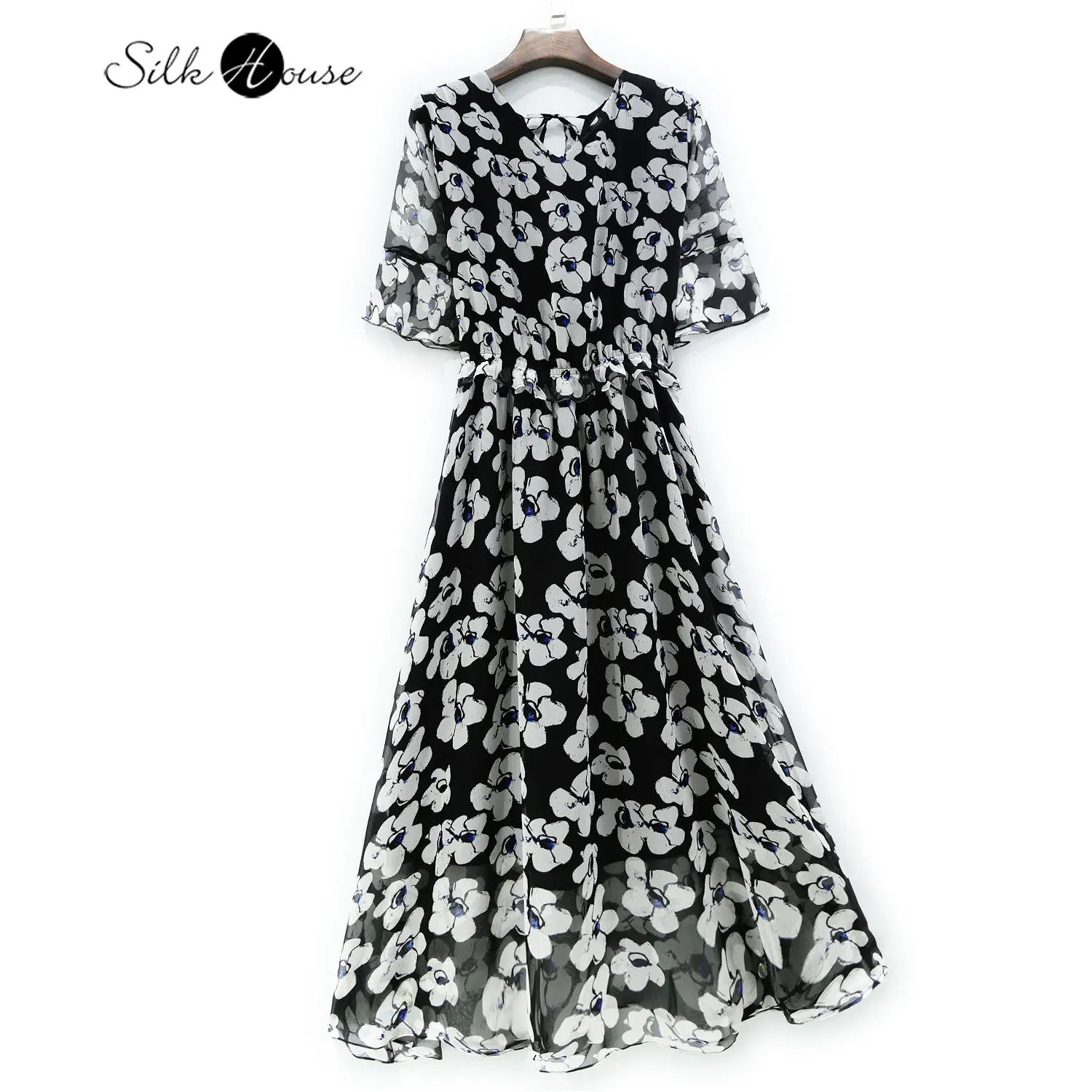 

Black and White Flower Print Summer Mulberry Silk Medium Length Large Double Beach Skirt Fashion Double Women's Dress