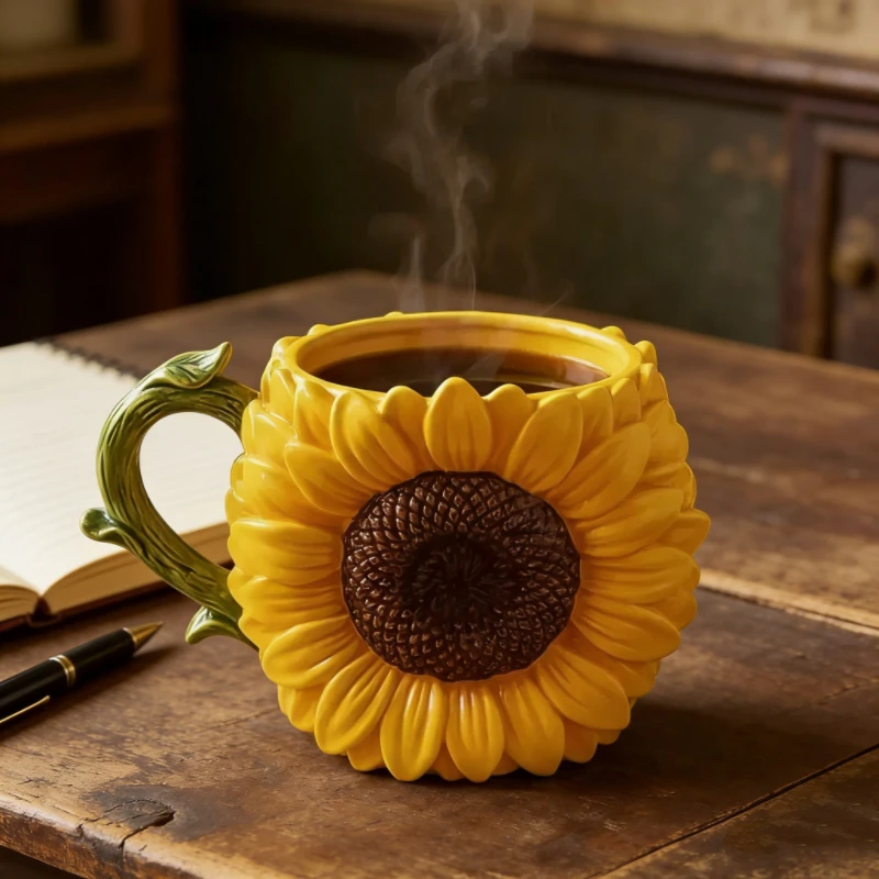 Sunflower Ceramic Coffee Mug - 3D Floral Novelty Cup, Yellow Decorative Mug for Home Office & Gift Use view 2