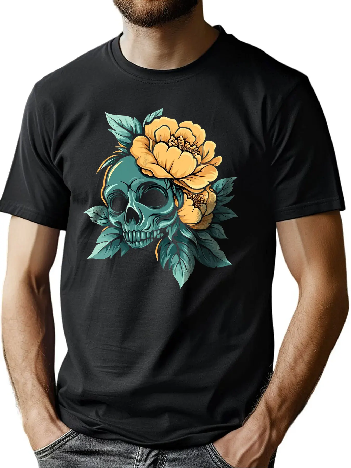 

Men's Soft Cotton Crew Neck Tee With Skull Sunflower Print Halloween Gift Outdoor Comfort Machine Washable For Men