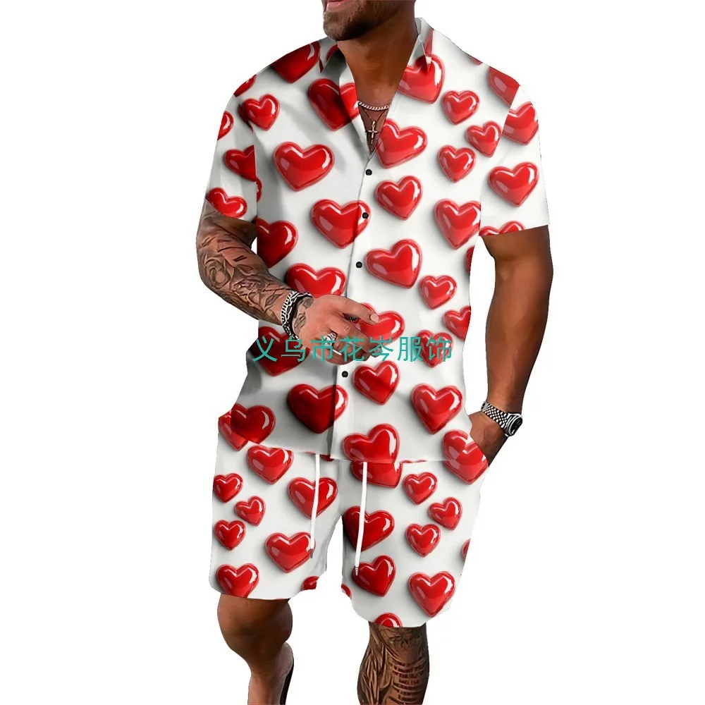 

Casual Beach Shirt Set Lite Linen Short Beach Top Combo Heart Print Summer Beach Shirt Set Short Sleeve Love Seaside Shirt Set