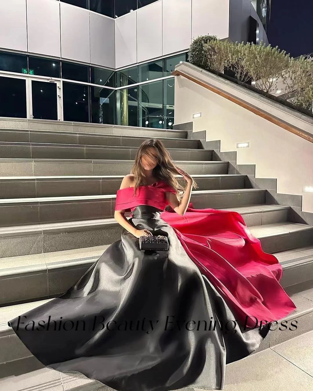 Vestido de fiesta elegante con hombros descubiertos para mujer, vestido de fiesta elegante de moda, color negro y fucsia, 2024