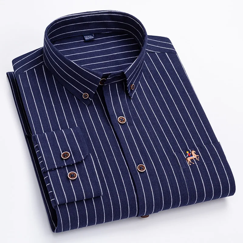 Camisa Oxford de algodão puro masculina manga longa, camisa de botão, listrada, xadrez, casual, alta qualidade, nova, 2023