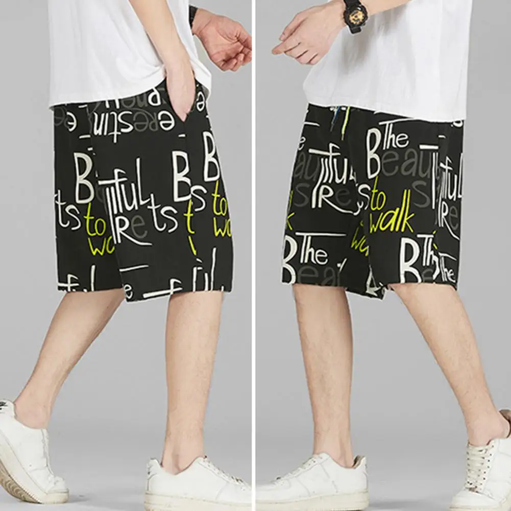 Elastic Waist Shorts Men Leisure Shorts Men's Summer Sport Shorts with Elastic Drawstring Waist Letter Printing for Streetwear