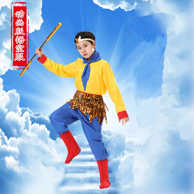 Chinese Sun Wukong Cosplay Costumes Funny Festival Clothing Suit Halloween New Year Gift For Kids Boys (Not include Stick))