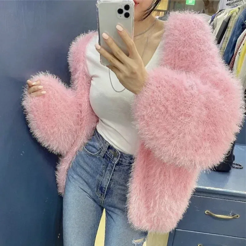 Sweater V-neck Furry Loose Knit Cardigan Mohair Crochet Jacket Faux Fur Plush Jacket Velvet Lantern Sleeve Top Sweater Jacket