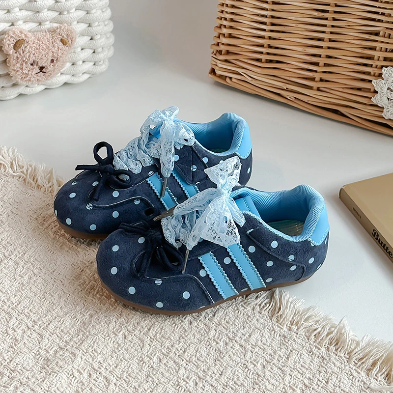 Kids Polka Dot Lace Bow Casual Sneakers, Toddler Boy Girl Vintage Color Block Shoes, Soft Sole Comfortable Walking, Navy Blue