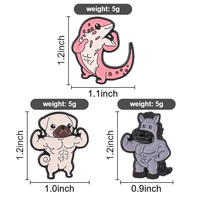 Gym Animals Emaille-Pins: Cartoon Muskel-Eidechse, Mops, Pferd Broschen – Fitness-Meme-Schmuck als Geschenk für Freunde – Detail 1