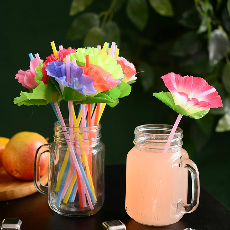 20Pcs Flower Drinking Straws Fruit Picks for Luau Hawaiian Theme Party Beach Tropical Birthday Wedding Party Decoration Supplies