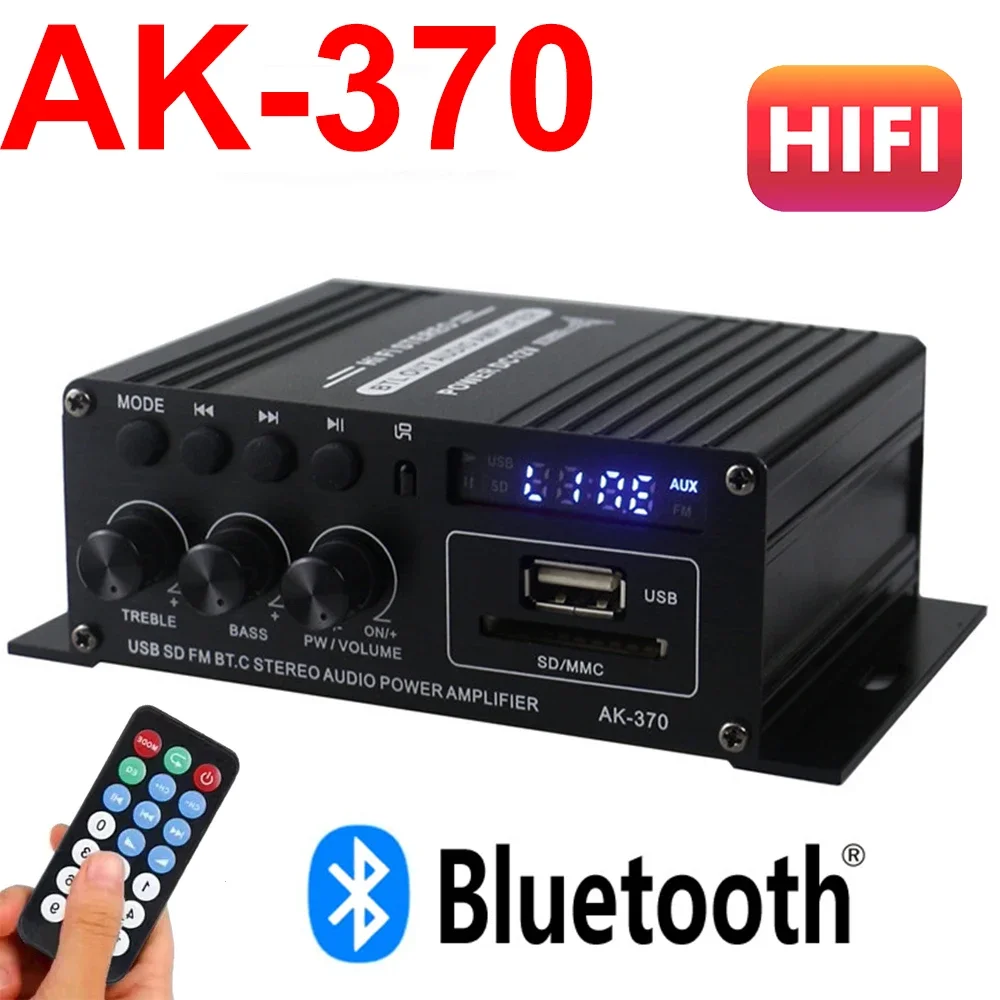 AK370 Audio Amplifier Bluetooth 5.0 HIFI  Power Audio Stereo Amplifier Bass AMP RCA FM Channel 2.0 for Home AV Systems DC 12V3A