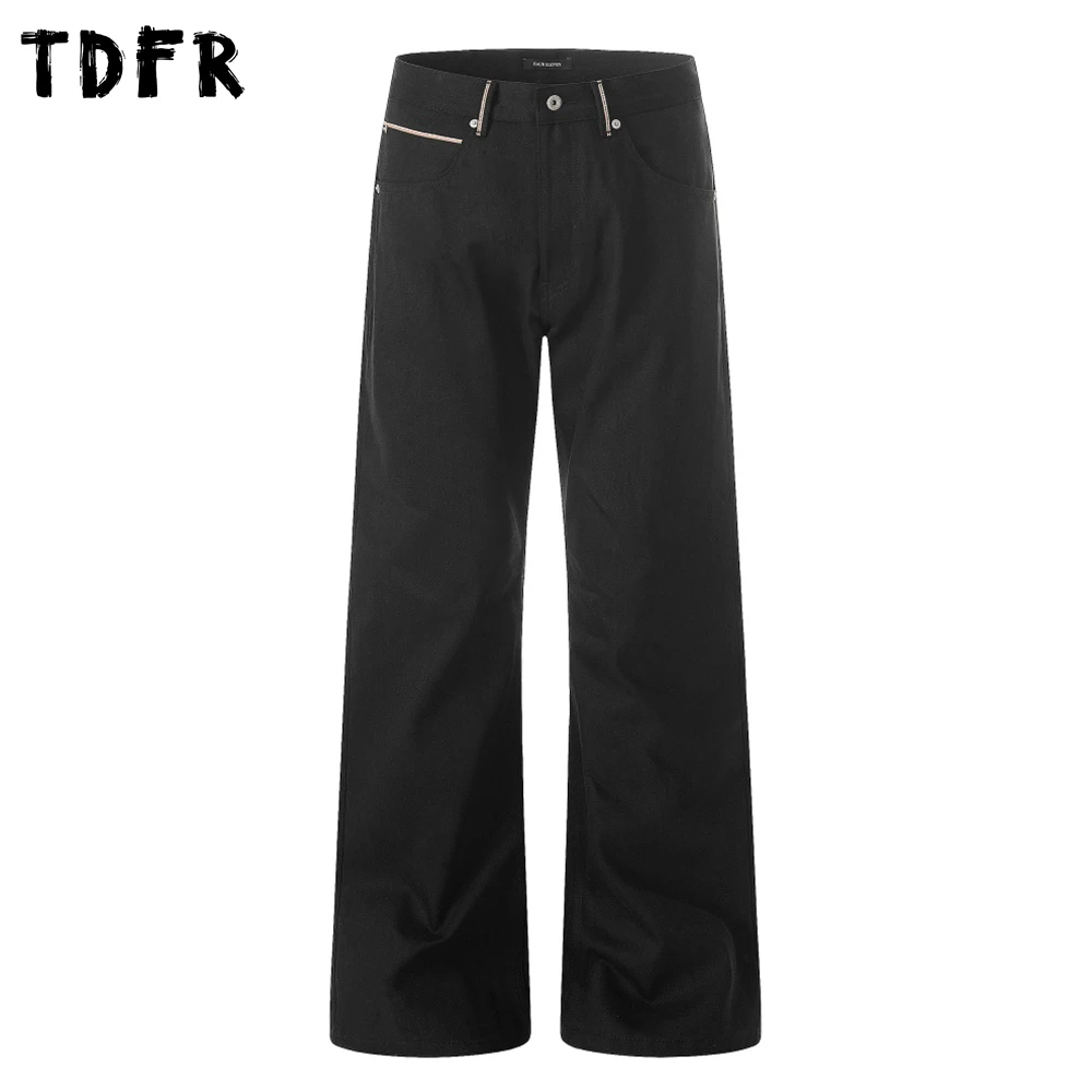 Spliced Raw Jeans Mens Pocket Retro Casual Simple Baggy Straight Wide Leg Dark Denim Pants Man