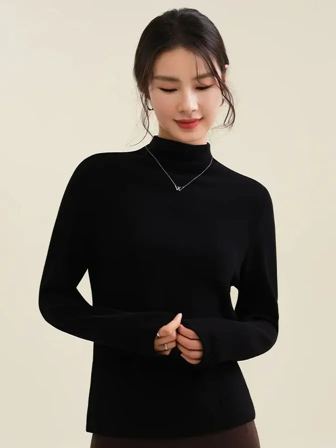 

Women's Half-Turtleneck Thermal Base Layer Autumn/Winter Women's Underwear Thick Wool Blend Long-Sleeved Top with Fleece Lining