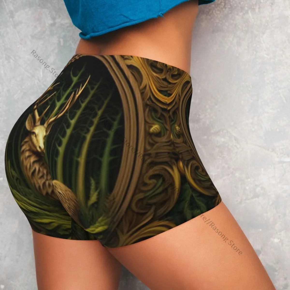 Sexy apertado quadril esportes shorts imagem de cervos fitness feminino confortável yoga shorts