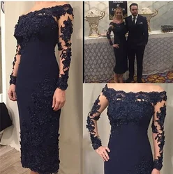 Romantic Mother Of The Bride Dresses Sheath Tea Length Long Sleeves Appliques Beaded Groom Wedding Evening Party Gowns HOT