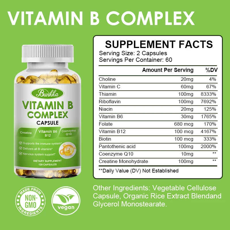 Compound Vitamin B Capsule Supplements (B12, B1, B2, B3, B5, B6, B7, B9, Folic Acid&biotin) for Immune Health, Energy Support