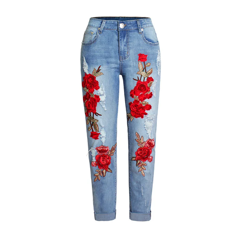 Slouchy jeans stretch loose jeans women's trousers colored flowers 3D three-dimensional embroidery ripped jeans pants