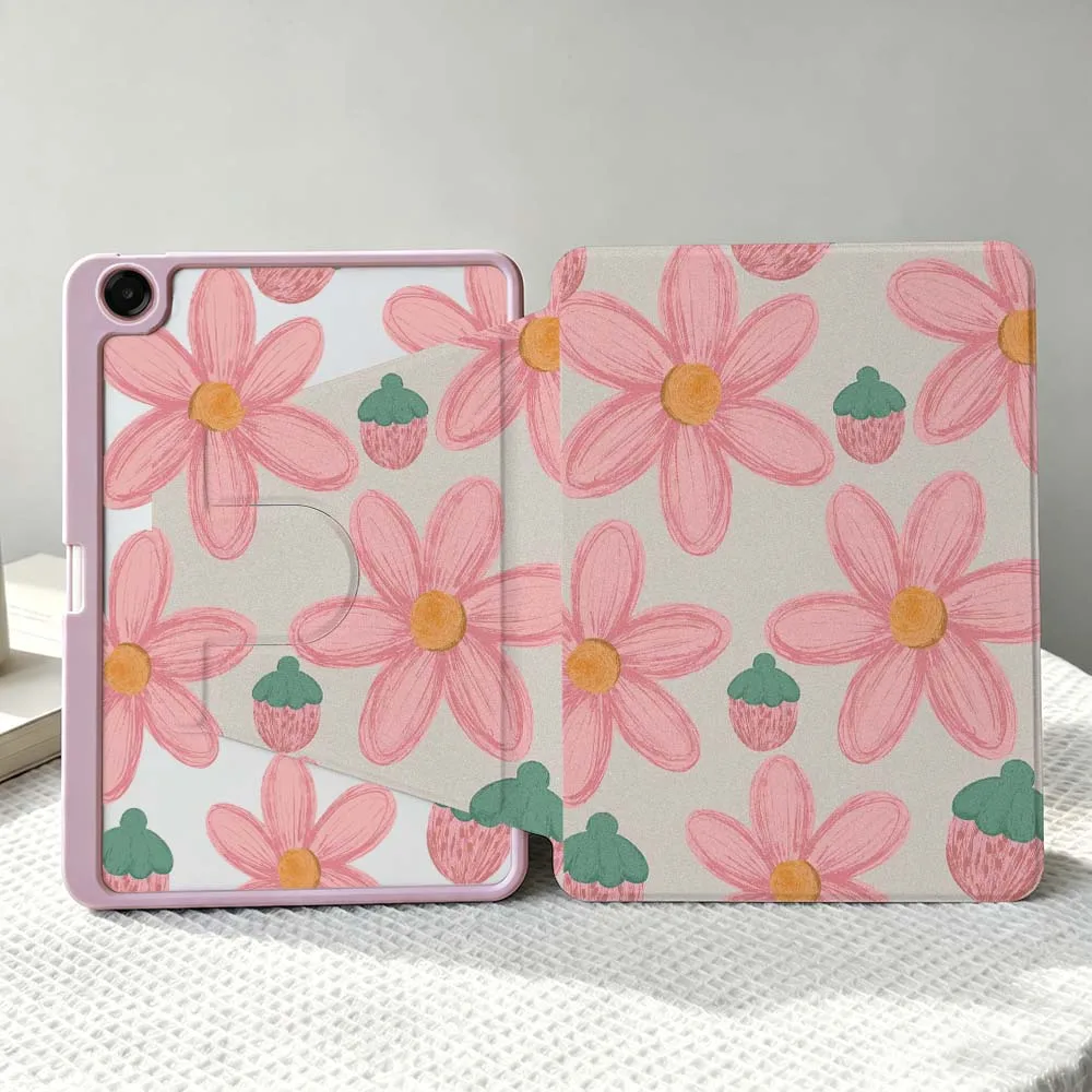 Pink Flower Strawberry Soft For Samsung Galaxy Tab S11 S10 S9 S8 A11 FE Plus Ultra 360° Rotation Stylus Storage Tablet Case
